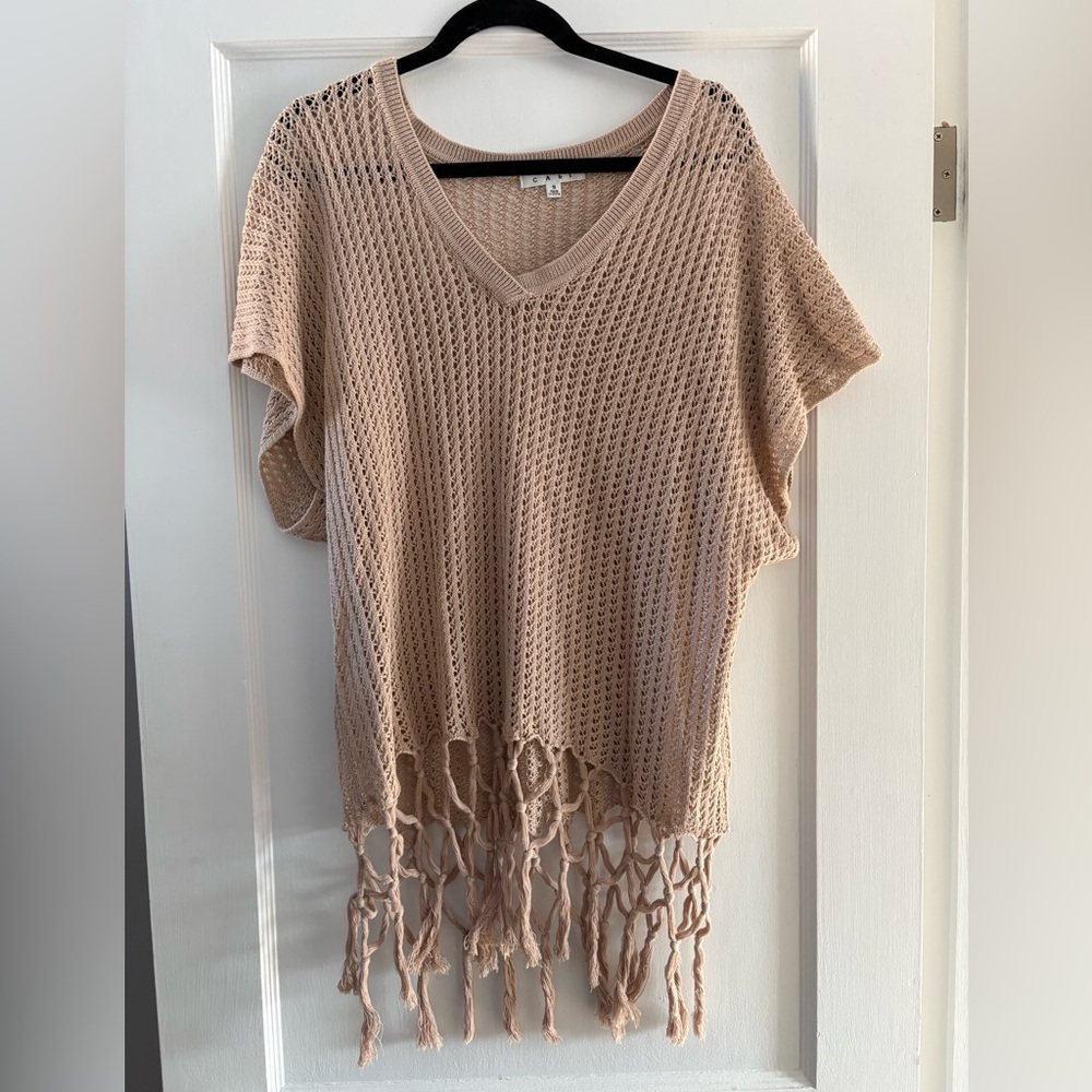 Women's CAbi Tan Knit Swimsuit Coverup with Fringe Size Small